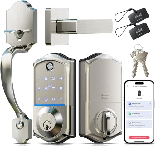 Veise VE017-H Fingerprint Smart Front Door Lock Set, App Control, 8-in-1 Keyless Entry Deadbolt with Zinc Alloy Handles, Emergency Power Port, Touchscreen Keypad, Auto Lock, Easy Install, Satin Nickel - Image 1