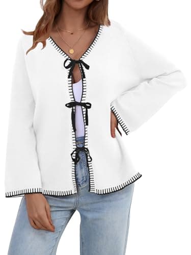 JUYUEO Tie Front Bow Cardigan for Women Trendy Long Sleeve Knit Open Front Sweater Casual Fall Winter Clothes 2026 White M - Image 1