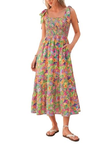 Kate Kasin Summer Womens Floral Boho Maxi Dress, Spaghetti Tie Strap Long Sun Dresses, 2026 Vacation Beach Smocked Sundresses - Image 1