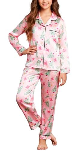 PATPAT Kids Girls Satin Pajama Set with Storage Bag - Silky Long Sleeve Sleepwear with ButtonDown Top and Pants,Beige Green Tree Size 13-14 Years - Image 1
