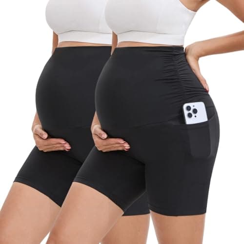 Fayefay Maternity Biker Shorts with Pockets - 6" Pregnancy Short Over The Belly for Women Yoga Workout Lounge Black X-Large - Image 1