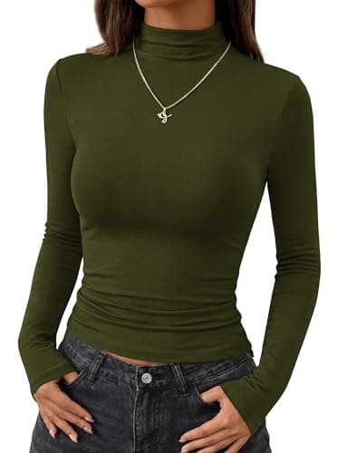 BTFBM Mock Turtleneck Tops for Women Long Sleeve Shirts Fitted Fall Fashion Clothing Basic Thermal Layering Undershirts(Army Green, XX-Large) - Image 1