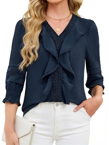 Funlingo Womens Tops 3/4 Sleeve Dressy Casual Ruffle Blouses 2026 Spring V Neck Lace Shirts with Smocked Cuffs Business Casual Outfits Deep Blue 2XL - Image 1