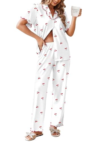 Ekouaer Womens Pajama Sets Ruffle Sleeve Printed PJs 2 Piece Button Down Sleepwear Comfy Loungewear with Pockets White Background Cherry 2XL - Image 1