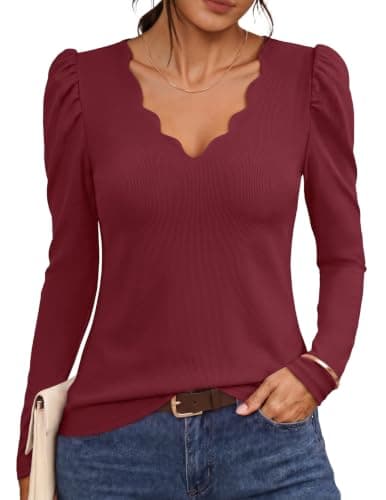 MEROKEETY Women's Fall Puff Long Sleeve Business Casual Tops, Wine, S - Image 1