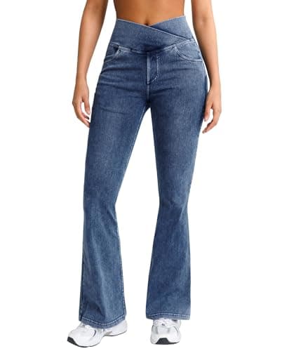 BRXL Women's 29" Bell Bottom Jeans Flare Jeggings with 4 Pockets Crossover Pants Bootcut Tummy Control Stretchy High Waisted Tufts Blue 2XL - Image 1