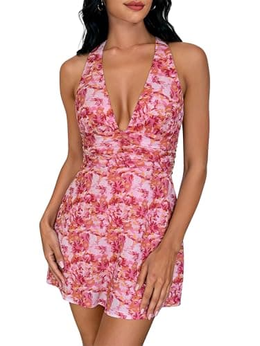 COCCKO Women's Halter Deep V Neck Dress, Backless Floral Print Mini Sundress, Summer Beach Vacation Going Out Outfits 2026 - Image 1