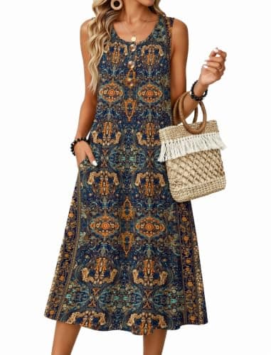 Zeagoo Womens Midi Casual Dress Summer Cotton Sundress Loose Button Down Flowy Dresses 2026 Spring Vacation Tank A Line Beach Tshirt Dresses Ethnic Blue XX-Large - Image 1
