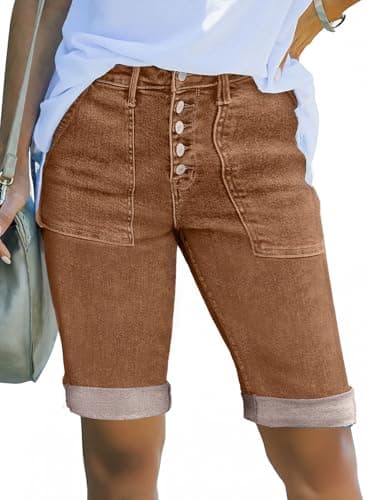 Sidefeel Womens Jean Shorts Casual High Waisted Stretchy Button Fly Folded Hem Summer Bermuda Denim Shorts Brown Size 10 - Image 1