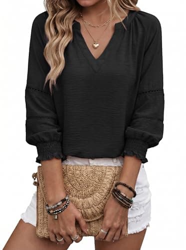 Dokotoo 3/4 Length Sleeve Womens Tops Henley V-Neck Pleated Back Blouses Casual Spring Summer Loose Tops Office Shirts Black X-Large - Image 1