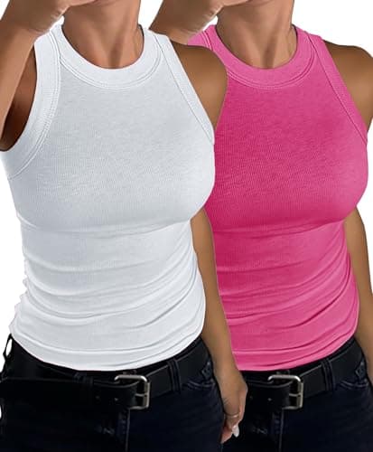 C.O.Z.Y Womens Tank Tops 2 Pack Ribbed Racerback Top Summer High Neck Sleeveless Shirts Slim Fit - Image 1
