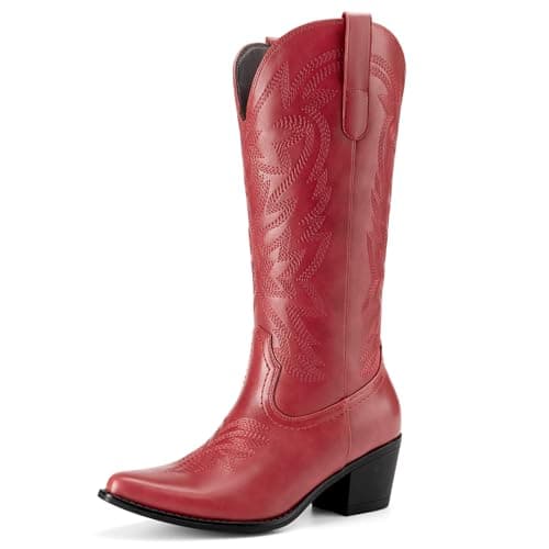 Athlefit Cowboy Cowgirl Boots for Women Fashion Low Chunky Heel Snip Toe Embroidery Western Mid Calf Boots Red Size 7.5 - Image 1