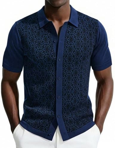 Mens 70S Vintage Shirt Button Down Shirt Short Sleeve Contrast Casual Tops Royal Blue L - Image 1