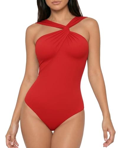 MANGOPOP Women's Sleeveless Twist Knot Asymmetrical Bodysuit Double Lined Sexy Thong Body Suit Top 2026, Red, XX-Large