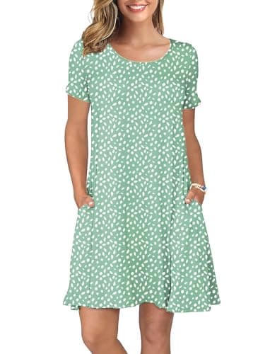 KORSIS Summer Dress for Women Leaves 2XL Casual T-Shirt Short Sleeve Floral Dresses Swing Flowy Beach Vacation Spring Sundress with Pockets - Image 1
