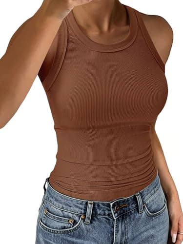 C.O.Z.Y Tank Tops for Women Ribbed Racerback Top Shirts High Neck Tank Casual Slim fit Basic Summer Tops Light Coffee L - Image 1