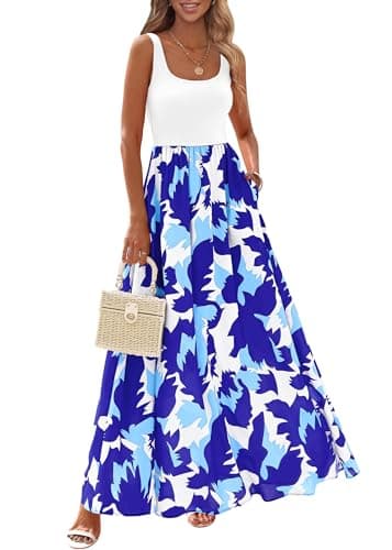 KIRUNDO Women Summer Sleeveless Boho Floral Maxi Dress 2026 Scoop Neck Tank A Line Flowy Beach Vacation Resort Wear Sundress(White Blue, Small) - Image 1