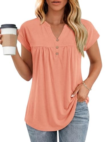 YOKGO Womens T Shirts Short Sleeve Pleated Button Top Dressy Casual V Neck Summer Tunic Tops Loose Fit Blouses Coral - Image 1