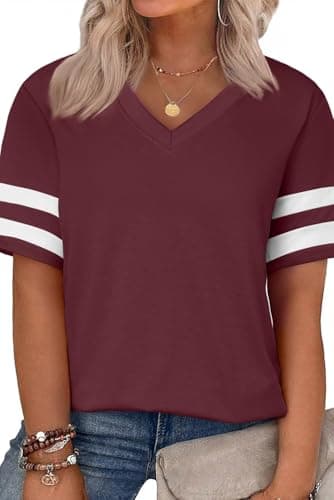 Eytino Plus Size Shirts for Women Striped V Neck Short Sleeve Summer Loose Casual Blouse Tops,1X Red - Image 1