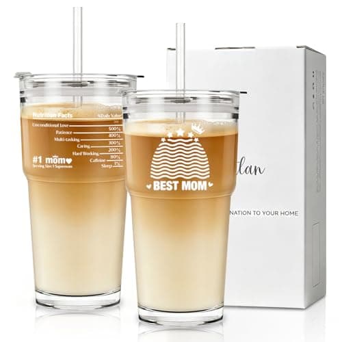 INSETLAN Mother’s Day Gifts from Daughter or Son – 20oz Mama Glass Cup with Lids and Straws, Gift Ideas for Women, Best Mom, New Mom, Cute Aesthetic 2-Sided Printed Iced Coffee Cup (1 Pack) - Image 1
