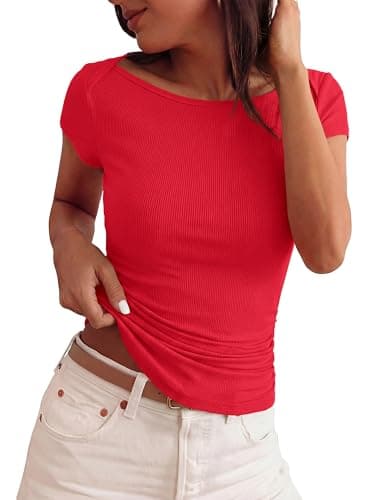 BTFBM Womens Summer Tops 2026 Ribbed T Shirts Crew Neck Short Sleeve Stretchy Ruched Slim Fit Workout Going Out Top(Red, XX-Large) - Image 1