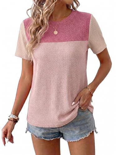 BLENCOT Women's Tops Comfort Colors Tshirt Spring Crewneck Loose Trendy Casual Oversized Short Sleeve Knit Summer Ladies Dressy Blouse Pink X-Large - Image 1