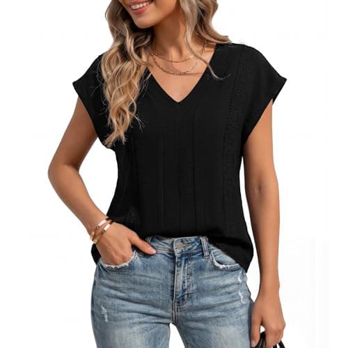 T Shirts for Women Womens V Neck Tops Summer Casual Blouses Dressy Lace Trim Short Sleeve Basic Tees Boho Fashion Black - Image 1