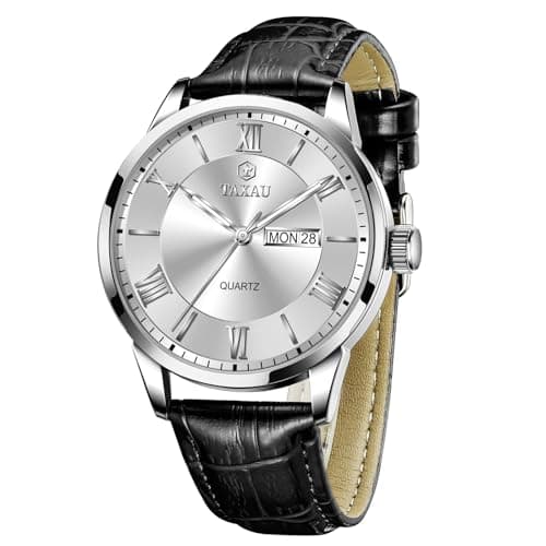 Taxau Watch for Men Black Leather Band Men's Dress Watch with Date Day Mens Analog Quartz Watches Large Roman Numerals Mens Casual Watches Large Wrist Water Resistant reloj para Hombre - Image 1