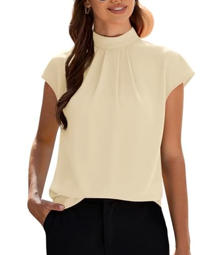 Funlingo Short Sleeve Shirts for Women Dressy Casual Ladies Summer Tops Spring Tunic Mock Neck Chiffon Blouses Pleated Work Formal Outfits Beige Petite XS - Image 1