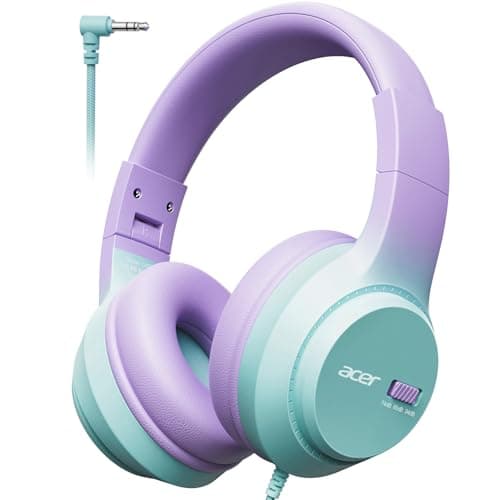 Acer Kids Headphones, 74/85/94dB Volume Limiter, Foldable Wired Over Ear Headphones for Travel, 3.5mm Jack, Toddler Headphones for School, iPad, Chromebook, Tablet, Purple Green - Image 1