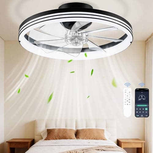 Ceiling Fans with Lights and Remote, 20" Modern Foldable Low Profile Ceiling Fan with Light, Stepless Color Temperature Change and 6 Speeds for Bedroom, Kids Room and Living Room (Stripe Black)