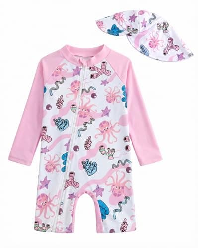 JiAmy Baby Boy Rash Guard Swimsuit, Long Sleeve One Piece Bathing Suit, Infant Toddler Swimwear with Sun Hat, Pink Octopus, 18-24 Months - Image 1