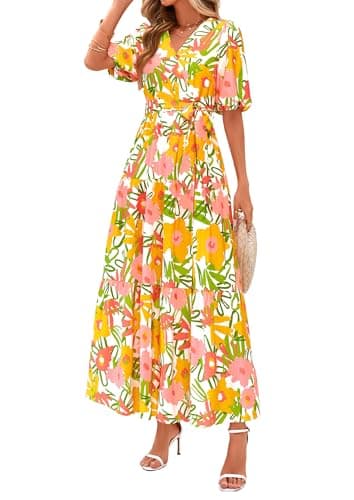 PRETTYGARDEN Women's Summer Maxi Dress 2026 Resort Wear Boho Floral V Neck Puff Short Sleeve Ruffle Flowy Beach Long Dresses(White Yellow Flower,Large) - Image 1