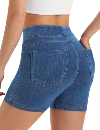AVAMO Stretchy Jean Shorts for Women Pull On High Waisted Denim Shorts Elastic Waist Tummy Control Jorts with Pockets - Image 1