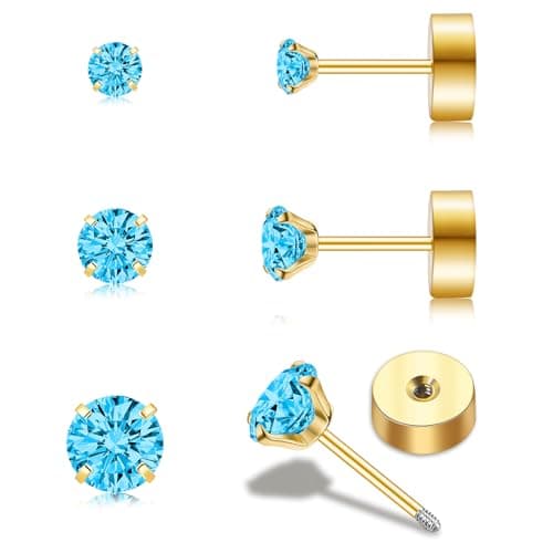 Handmade Tiny Flat Back Stud Earrings: 3 Pairs 14K Gold Plated Screw Flatback 2 3 4mm Cubic Zirconia Earrings Cartilage Piercing Jewelry for Women Helix Tragus Earlobe (3 Pairs-Aquamarine Blue CZ Stud-2/3/4mm)