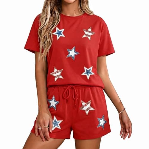 MYHALF 4th of July 2 Piece Outfits for Women Sequin Star Red White and Blue Shirt and Shorts American Flag Patriotic Sets - Image 1