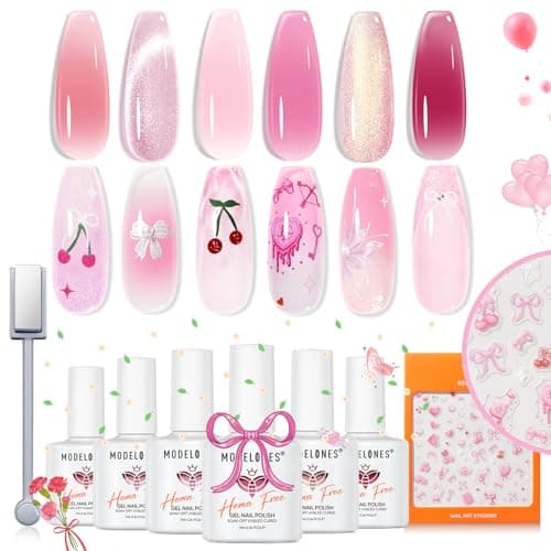 modelones Pink Gel Polish Set, Hema Free Light Pink Cat Eye Gel Polish Jelly Glitter Nude Hot Pink Pastel Nail Polish 6 Colors 2026 Spring Easter LED Nail Art DIY Gift with Magnet&Love-heart Stickers - Image 1