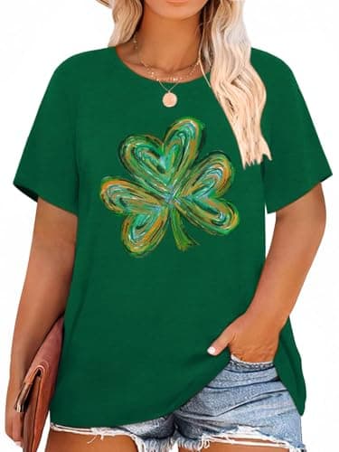 Anbech Plus Size Clover Graphic Tees Women Shamrock Print St. Patricks Day Shirt (Deep Green, 1X)