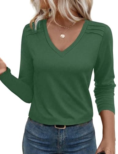 JUSTFASHIONNOW Pleated Long Sleeve Shirts for Women V Neck Dressy Casual Business Blouses Fall Tops 2025 Trendy(Dark Green,Small) - Image 1