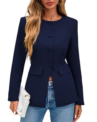 Lazysmile Blazers for Women Long Sleeve Crewneck Button Down Suit Jackets Work Office Business Casual Outfits with Pockets Navy - Image 1