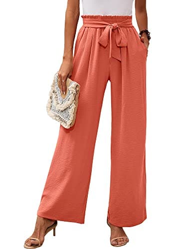 Heymoments Women's Wide Leg Lounge Pants with Pockets Coral Large Lightweight High Waisted Adjustable Tie Knot Loose Comfy Casual Trousers - Image 1