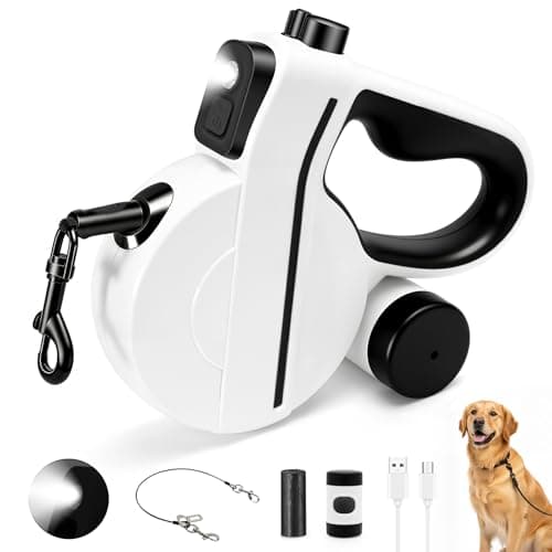 Retractable Dog Leash with LED Light & Reflective Tape for Night Walk, 16ft Dog Leash with Poop Bag Dispenser, Chew-Proof Steel Cable, One-Button Brake & Lock for Medium Dogs up to 66 lbs (BLK&WHT)