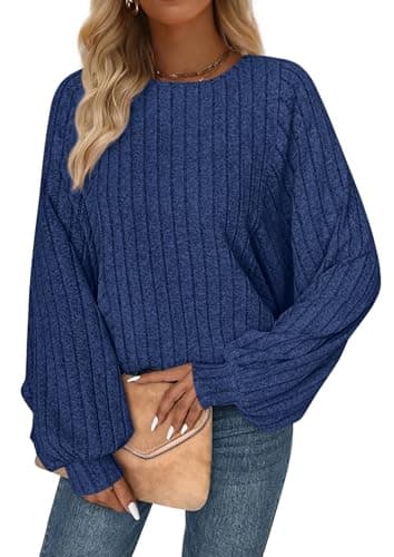 PRETTYGARDEN Womens Batwing Long Sleeve Shirts Spring Fashion 2026 Crewneck Tunic Tops Loose Fit Dressy Casual Lightweight Sweater(Dark Blue, S) - Image 1