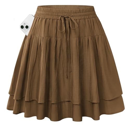 Kate Kasin Womens Flowy Brown Mini Skirt, Boho Pleated Ruffle Shorts, Summer Tennis High Waisted Skorts with Pockets 2026 XL - Image 1