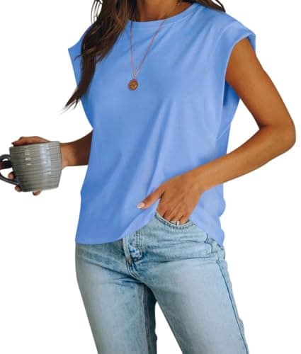 Women's Cap Sleeve Tank Top Crew Neck T Shirts Loose Fit Basic Summer Casual Tee Tops Blue - Image 1