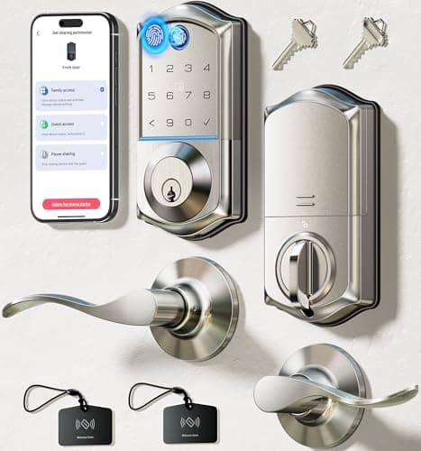 Veise VE017-L Fingerprint Smart Lock with Lever Handles, App Control, Keyless Entry Front Door Lock Set, Electronic Digital Keypad Deadbolt, Remote Grant, Emergency Power Port, Auto Lock, Satin Nickel - Image 1