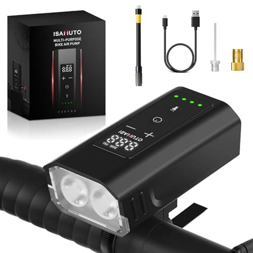 ISAMUTO Mini Bike Pump with Gauge, 150PSI Electric Bike Air Pump 30s Fast Inflate Portable Bike Pump with Presta Valve, Bicycle Light 2400LM Super Bright 2 IN1 for Mountain Bike, Road Bike, E-Bike
