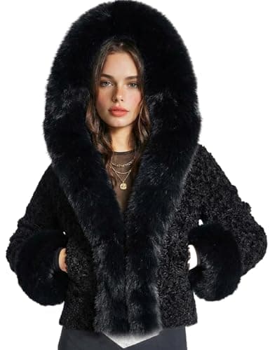 Wyeysyt Women's Faux Fur Coats with Hood Winter Warm Cropped Hoodie Jacket Long Sleeve Thick Short Outerwear with Pockets(Black-XL) - Image 1