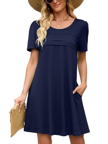 Heymoments Women's Short Sleeve Dress Navy Blue XX-Large Plus Size Crewneck Casual Flowy Above Knee Length Sundress Comfortable Shirt Work Summer Cheap Dresses with Pockets - Image 1