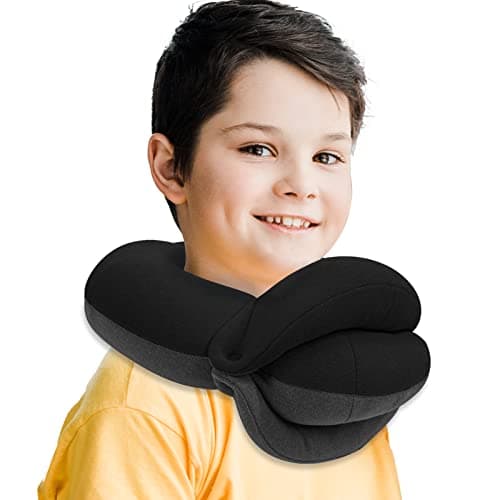 BUYUE Kids Travel Pillows for Airplane, 360° Head Support Sleeping Essentials for Children Long Flight, Skin-Friendly Soft Neck Pillow for Traveling in Car Seat, (Small, Black Grey, 40-90 lbs) - Image 1
